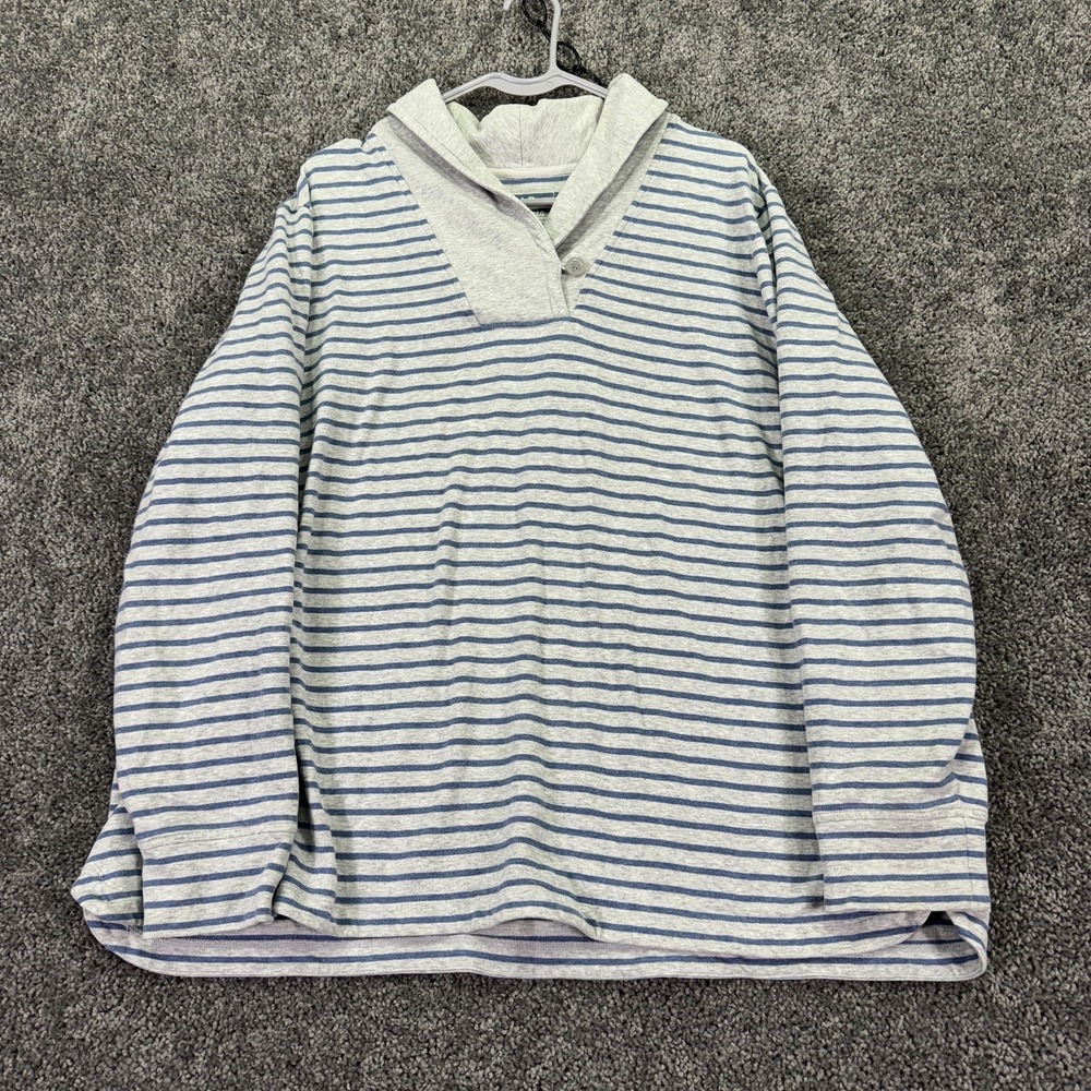 L.L. Bean Shirt Womens 2X Gray Blue Striped Long Sleeve Henley Casual Outdoor